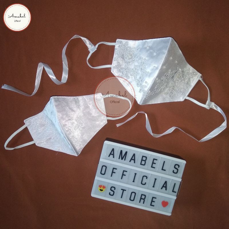 [Amabel Official Store] Masker Akad Nikah Brukat / Payet / Mutiara | Masker Pengantin Couple Putih