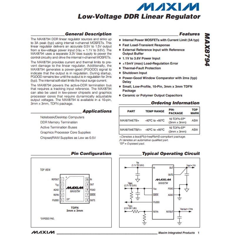 Chip IC MAX8794ETB + TDFN-EP-10 Voltase Rendah