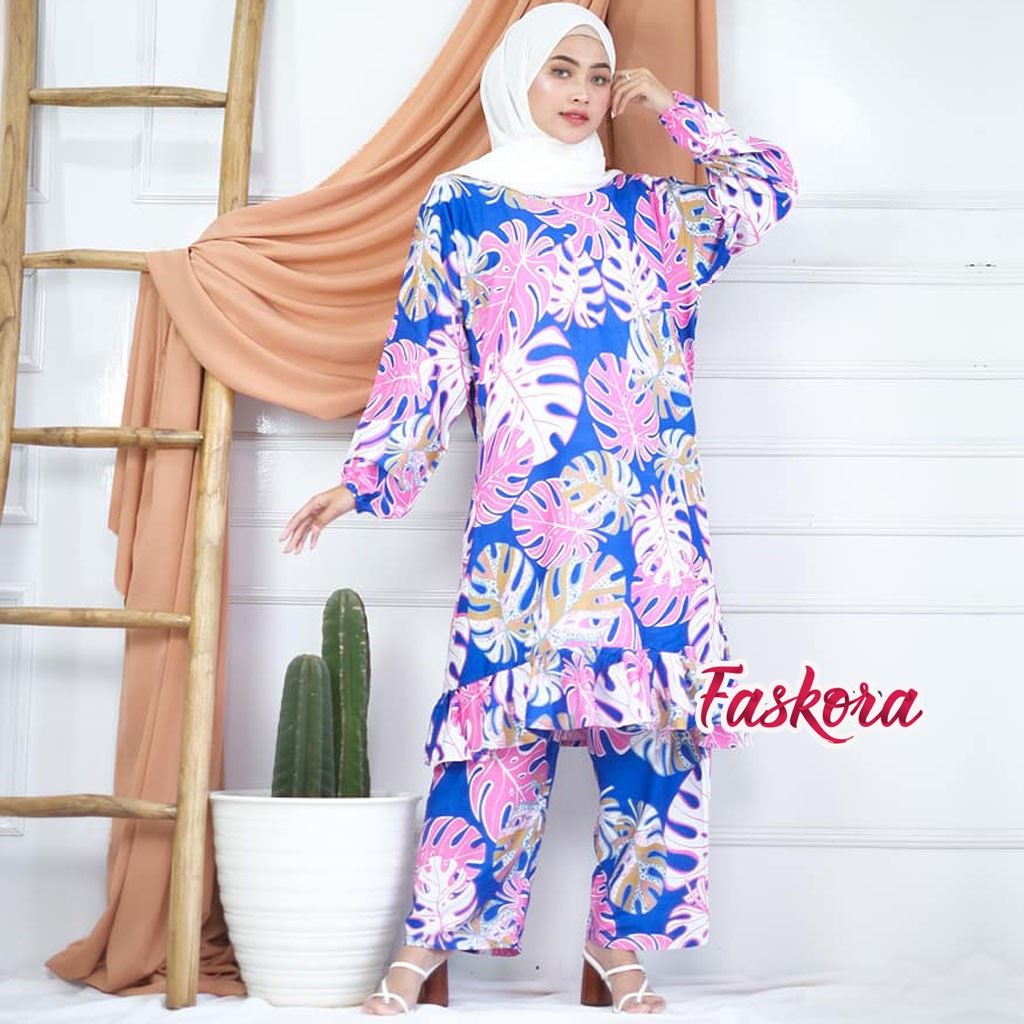 Setelan Tunik Jumbo XXL Celana Panjang Daun - One Set Tunik Rayon - Tunik Wanita Terbaru