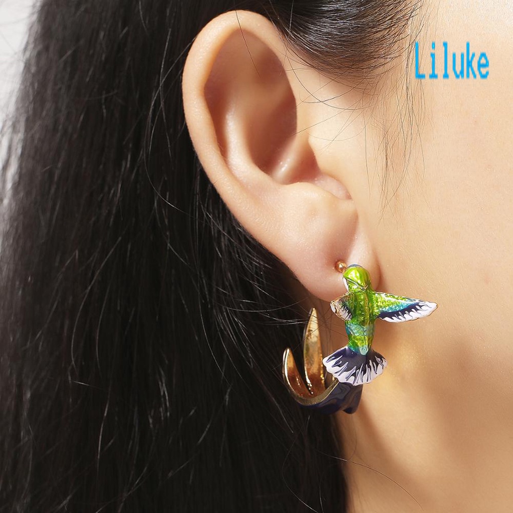 Lk Anting Tusuk Gantung Wanita Bahan Alloy Desain Burung Kolibri Enamel Untuk Pesta