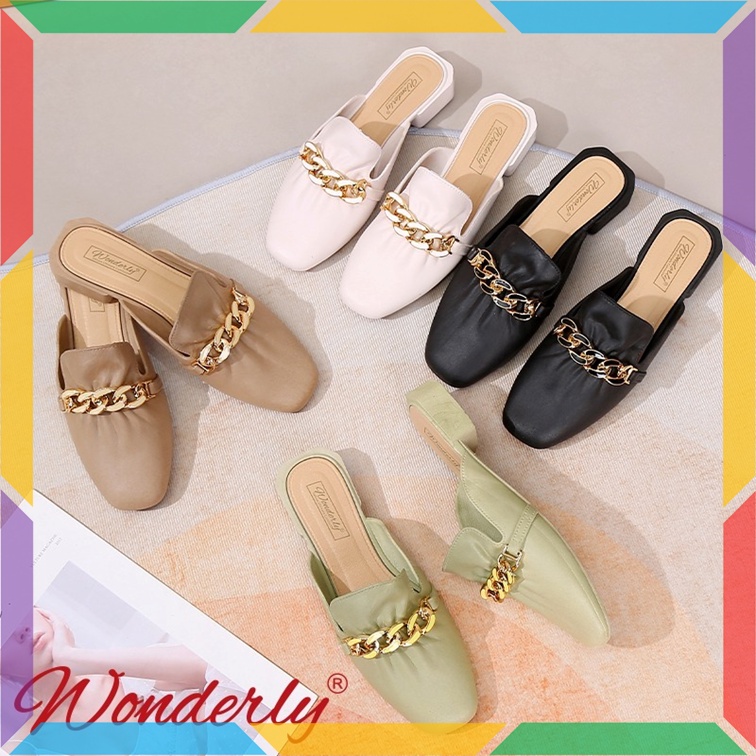 1301-2 Sepatu Sandal Slop Wanita Wonderly Tali Rantai Sepatu Selop Mules Cewek Karet Empuk Glanzton