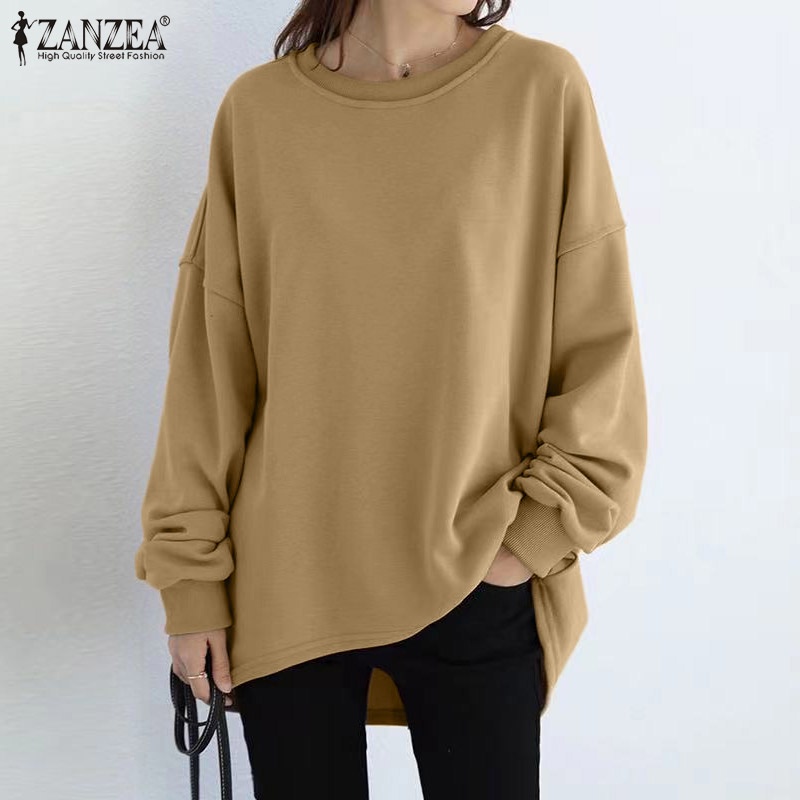 ZANZEA Womens Long Sleeve Loose Casual Sweatshirt Pullover Plain High Low Sweater Shirt