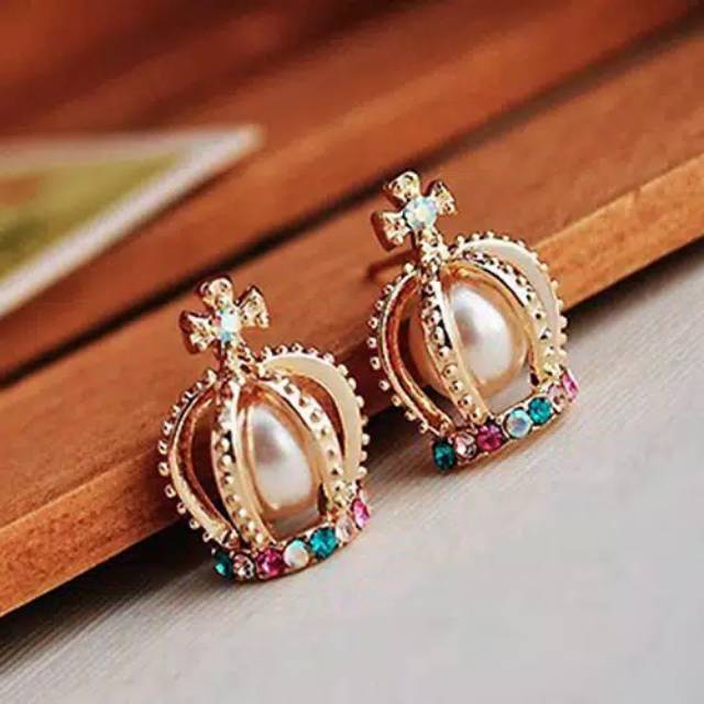 Anting mahkota mutiara permata warna warni korea anting stainless earings crown pearl WAWI