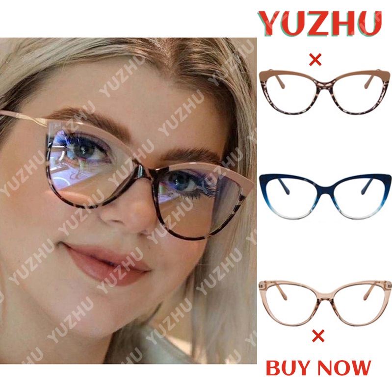 (YUZHU) COD Eropa dan Amerika Mode TR90 Anti Blue Light Logam Bingkai Cat Eye Retro Kacamata Perempuan