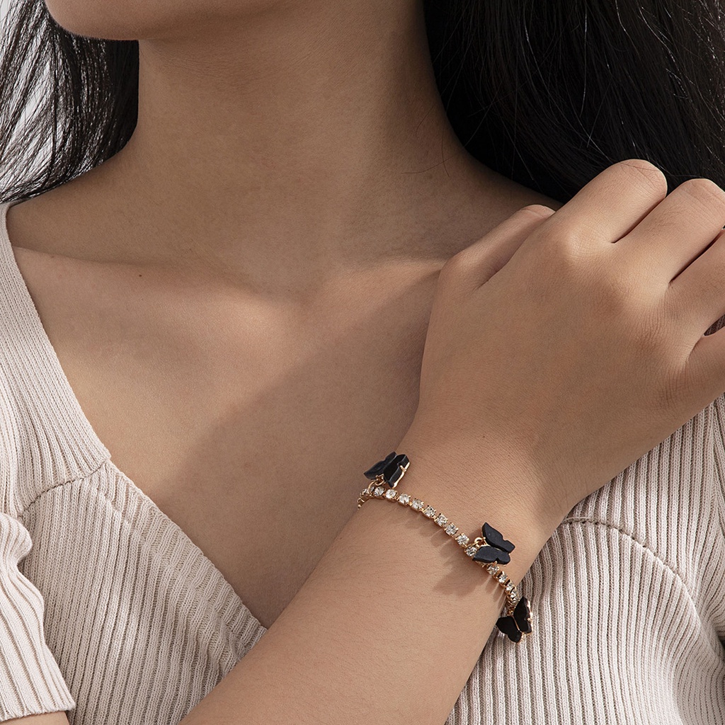 Hu Hu Hu Hu Hu Alat Bantu Pasang Kacamata♡ Gelang Wanita Desain Kupu-Kupu Hias Berlian Imitasi Gaya Simple Berkilau Untuk Hadiah Ulang Tahun