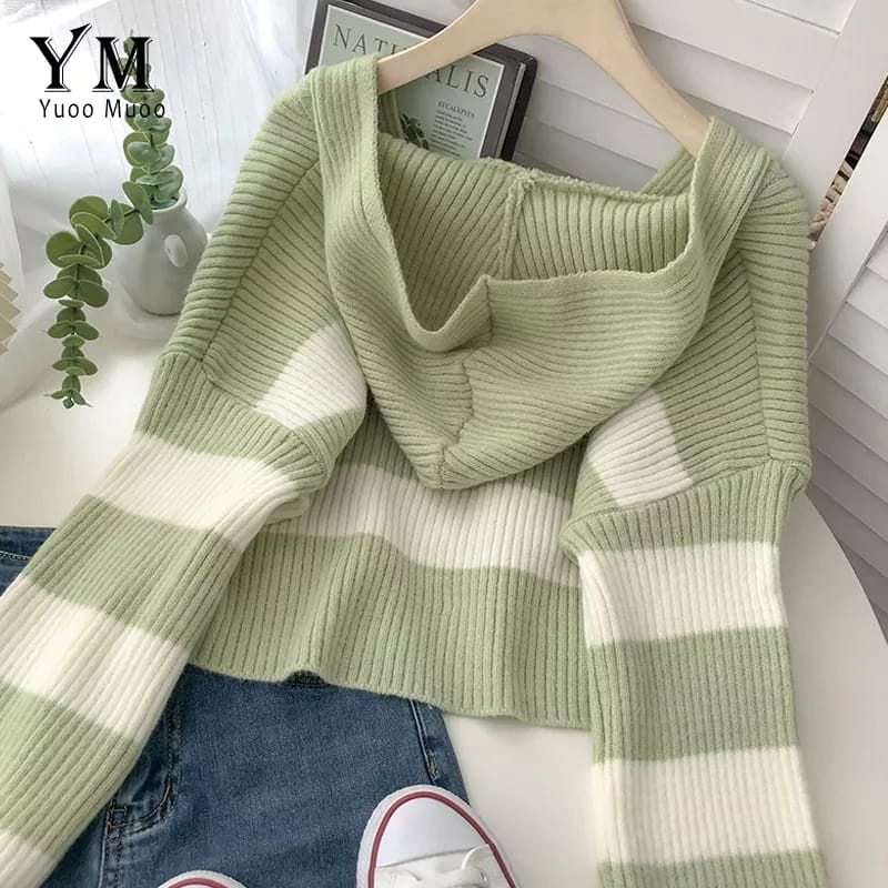 Sweater Rajut Wanita Hanna Hoodie Stripe Gaya Korea Knitwear