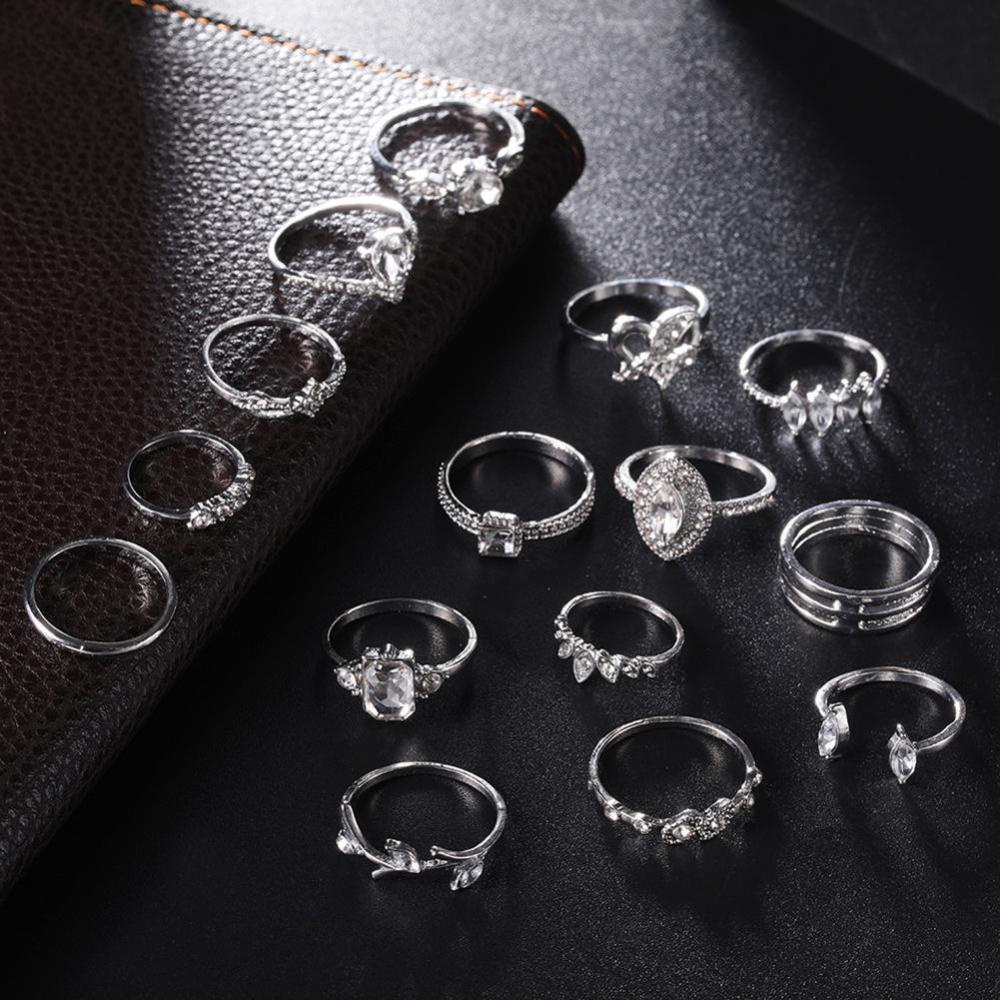 Timekey 15pcs / set Cincin Desain Geometri Hollow Hias Batu Permata Gaya Bohemian Untuk Wanita A5K7