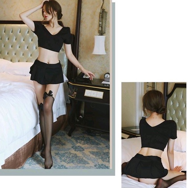 Set Cosplay Seragam Sekolah Guru Kantor Crop Top Shirt + Rok Mini Kostum Lingerie Uniform Sexy