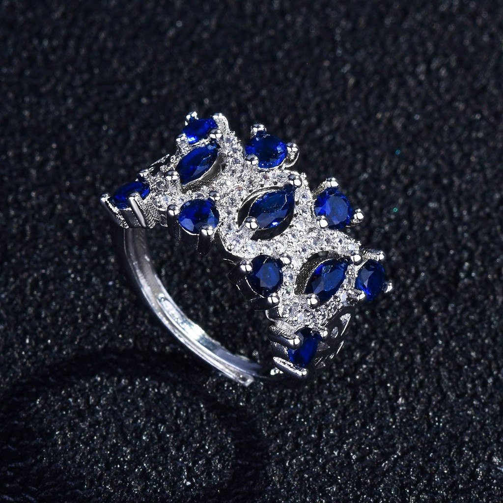 Cincin Perak 925 untuk Wanita Fashion Cincin Pt950 Platinum Biru Batu Permata Adjustable Perhiasan