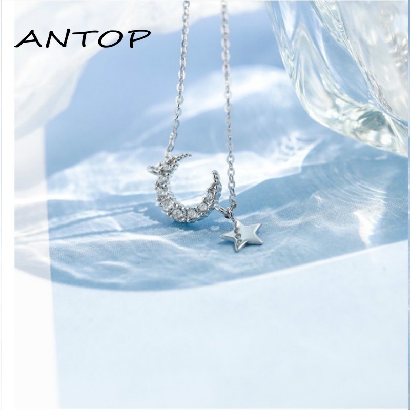 Kalung Rantai Sterling Silver Dengan Liontin Bulan + Bintang Untuk Wanita ANTOP