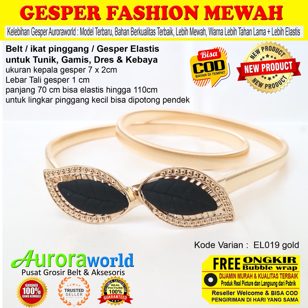 Auroraworld gesper wanita jumbo belt gamis elastis ikat pinggang cewek untuk dress tunik gamis belt elastis warna gold terbaru small size - big size bisa COD