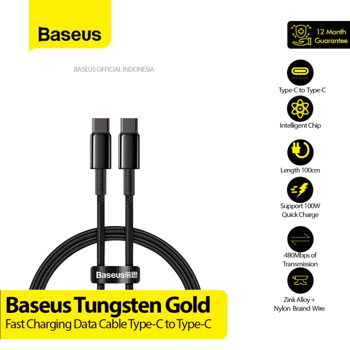 Baseus Tungsten Kabel Data USB Type C to Type C 100W 1M