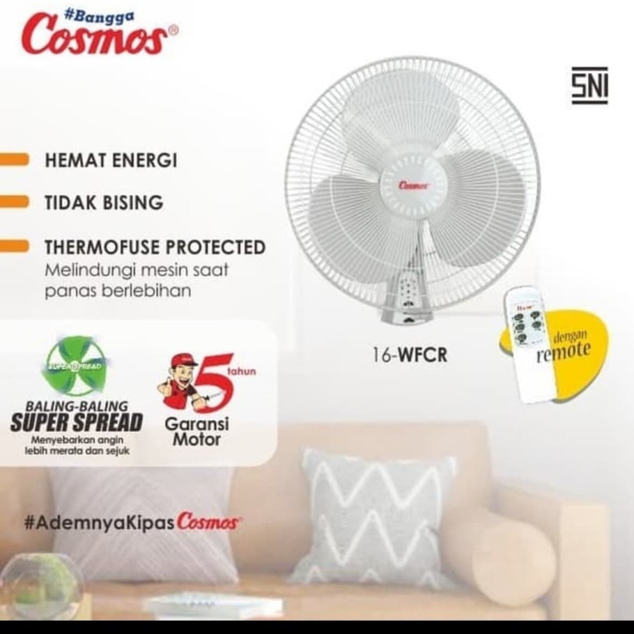 Cosmos Wall Fan 16-WFCR Kipas Angin Dinding 16 Inch Remote 16WFCR / 16 WFCR Wall Fan Remote Putih