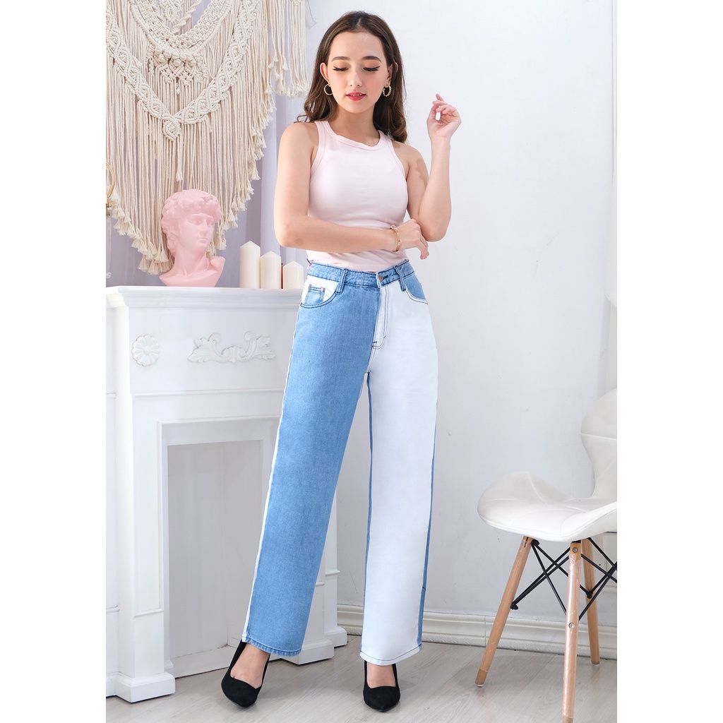 celana wanita  Bandidas Celana Panjang Jeans Wanita Gradasi Tambal Sobek (D4Y9) baggyjeans denim jin