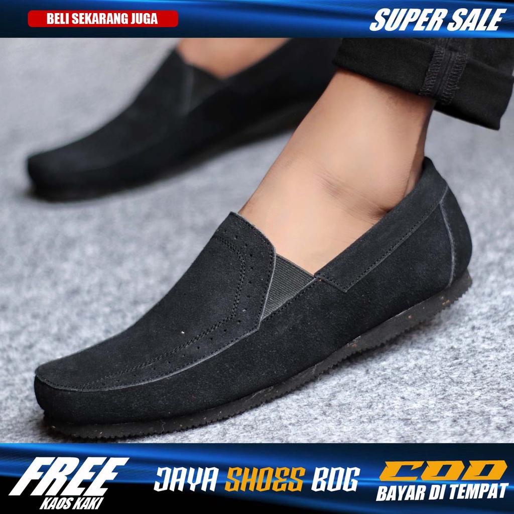 JESTR|Sepatu Slip On Casual Pria Trendy Kulit Asli Slop Cowok Hitam Kekinian Murah