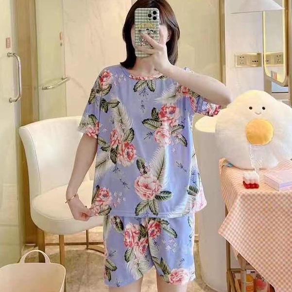 Piyama Baju Tidur Import Wanita Fashion Sleepwear Spandex Stelan Rumah Baju Santai Celana Pendek z-HP-Flower Biru