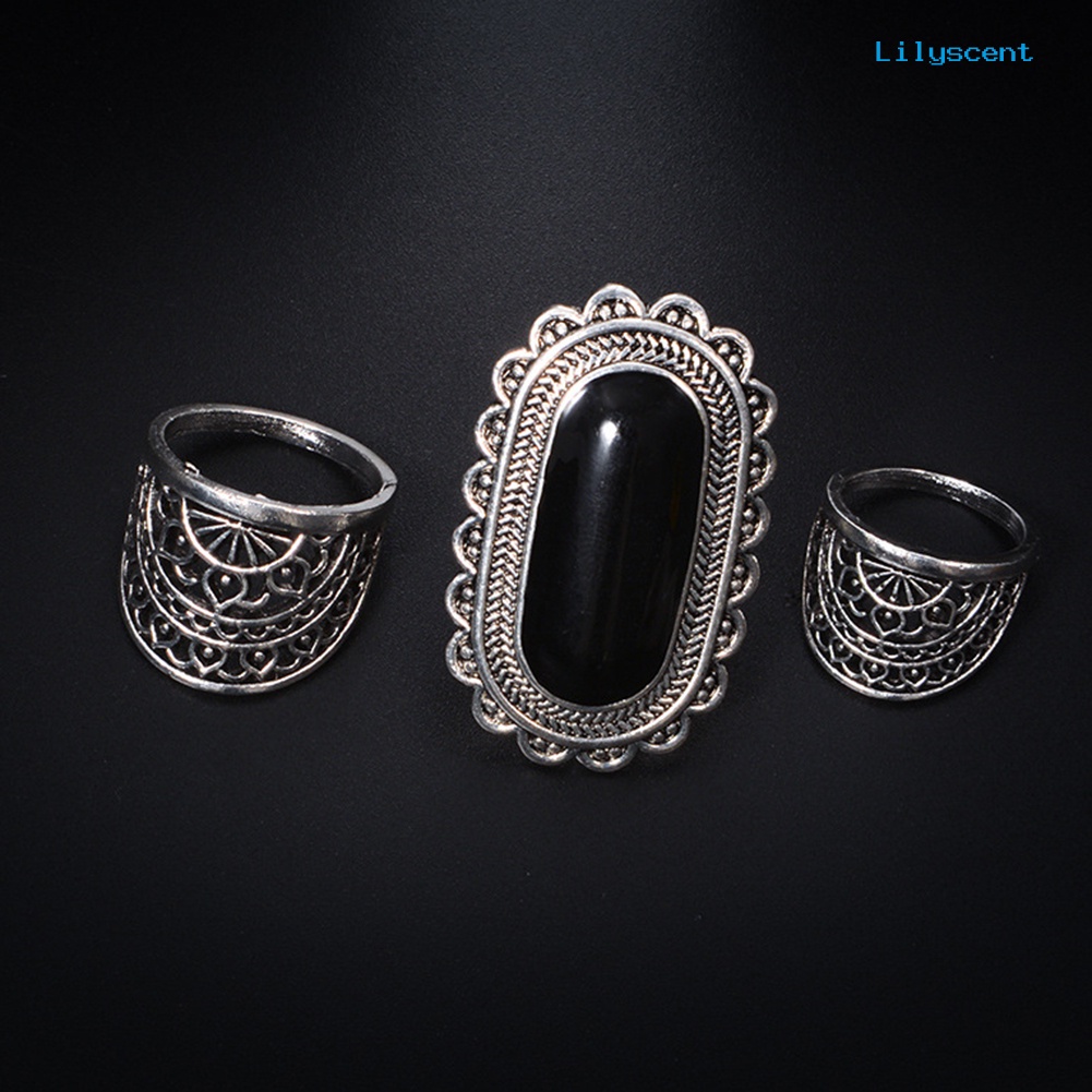 3pcs / Set Cincin Jari Wanita Model Hollow Out Aksen Berlian Imitasi Gaya Vintage Untuk Pesta