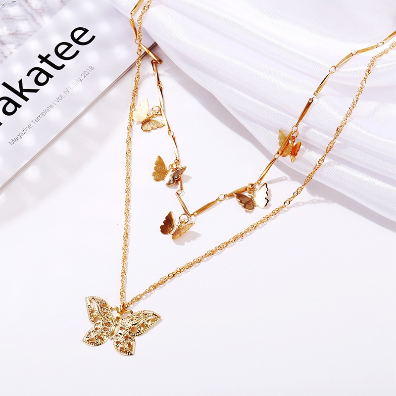 【Ready stock】Kalung wanita korean style rantai Liontin Kupu-kupu Baru Kalung Multi-layer Kreatif Retro Emas Alloy Kalung Double-layer fashion murah COD