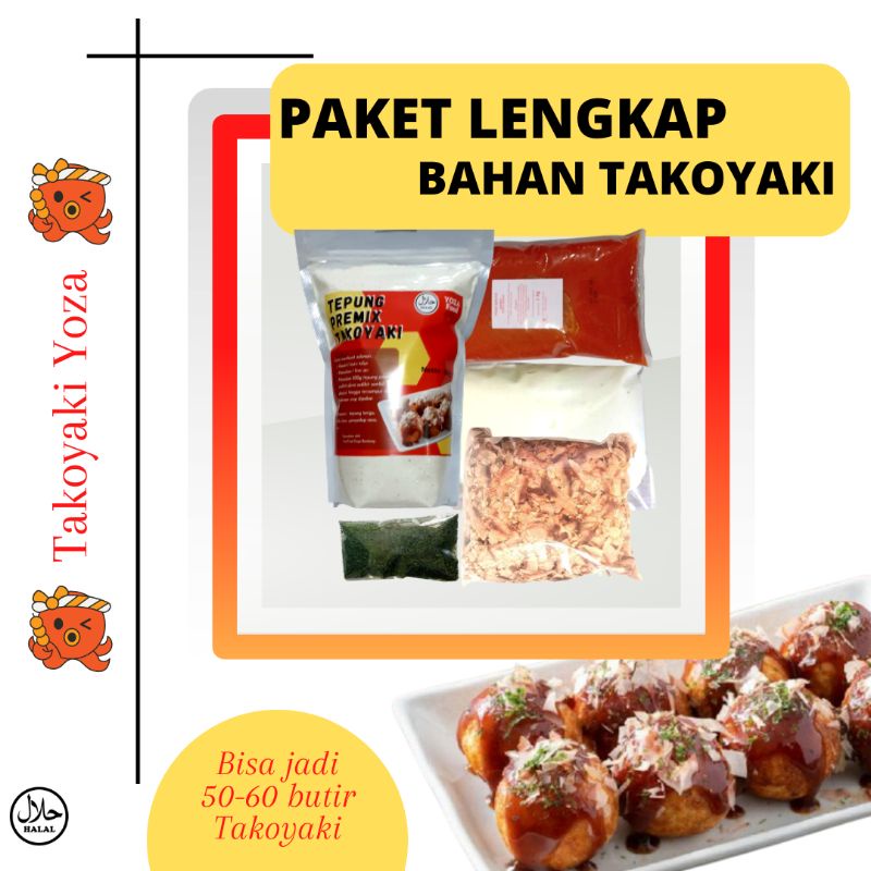 

Paket Bahan Takoyaki Halal Lengkap isi tepung takoyaki mayo saus katsuobushi nori