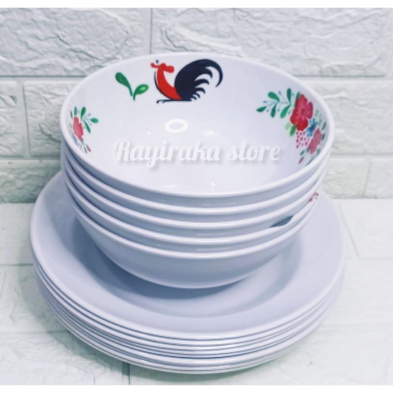 SATU SET MANGKUK MELAMIN AYAM JAGO DAN PIRING POLOS PUTIH 6 PCS