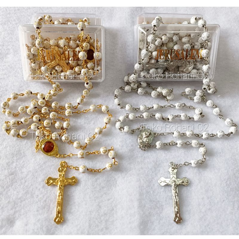 Rosario Jerusalem Gambar Salib 8mm Silver / Gold + Box - Rosario Gambar Salib