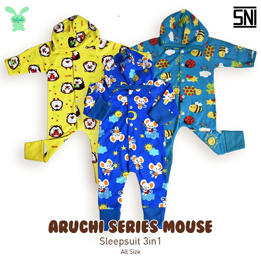 ARUCHI SLEEPWEAR SLEEPSUIT KODOK TOPI PANJANG 3 IN 1 ALLSIZE  0-6 Bulan BAJU ANAK / BAJU BAYI