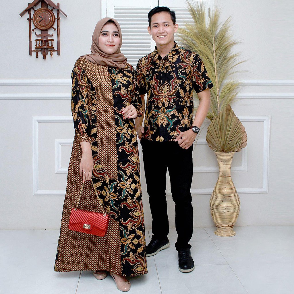 Batik Couple Gamis batik Maura Sania Ruffle ori Ndoro jowi DNT Size M L XL All Size-Couple GK117