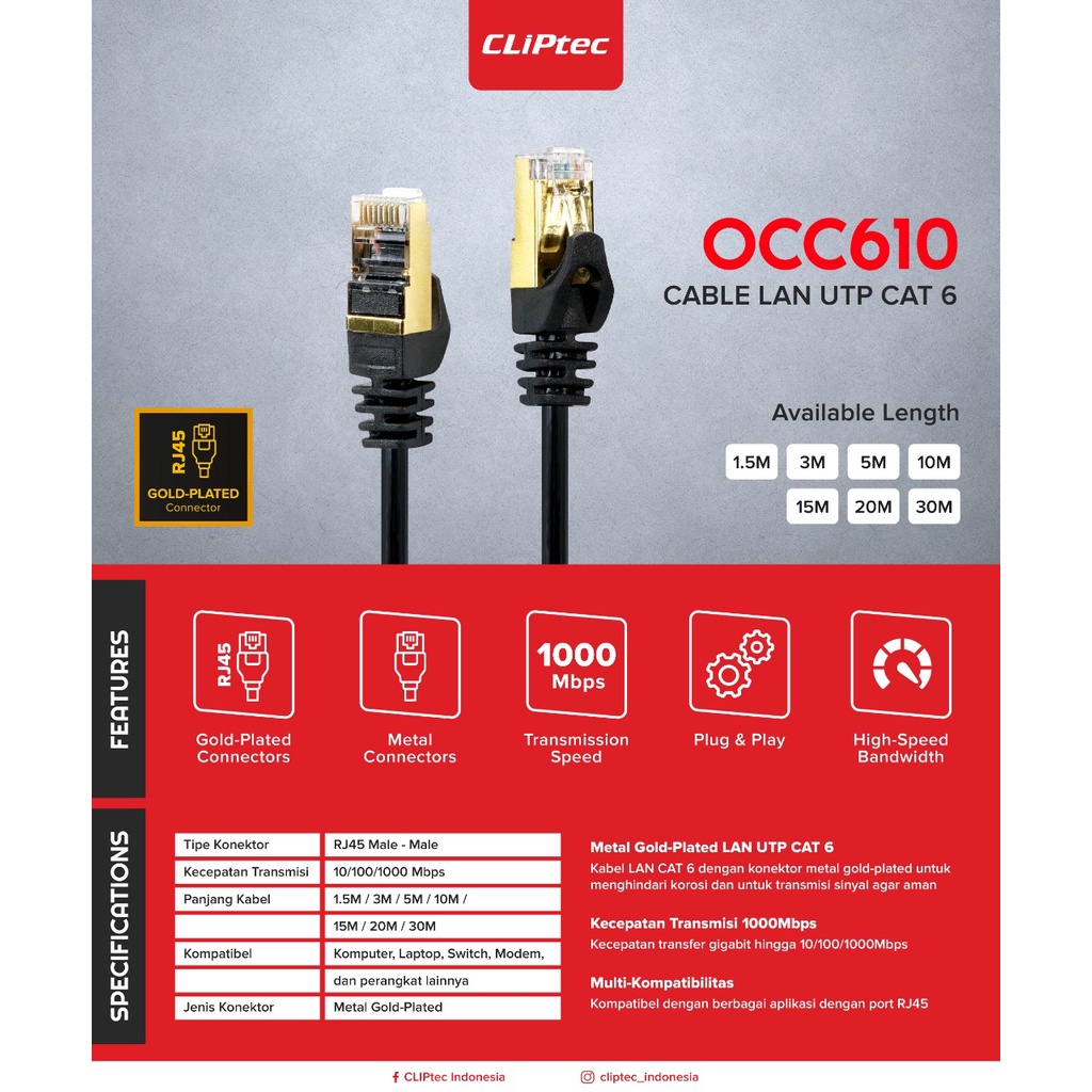 Kabel LAN UTP CAT6 RJ45 Gold Plated 15m CLIPtec OCC610