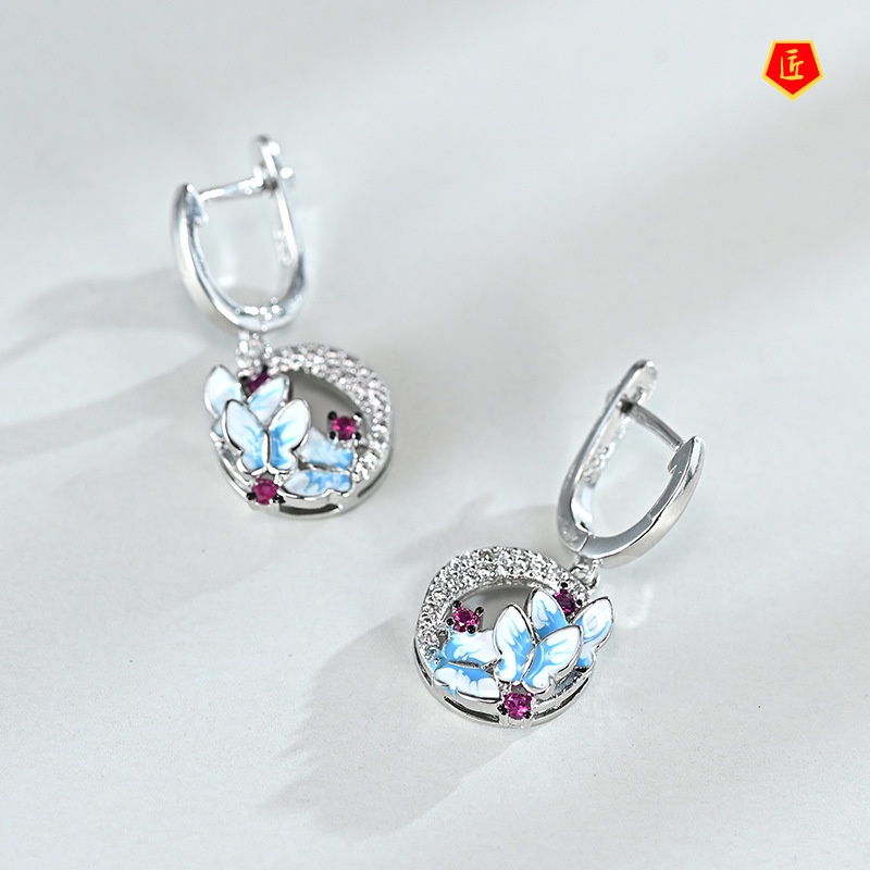 [Ready Stock]New Three Blue Butterfly Earrings Full of Diamonds Exquisite Luxury