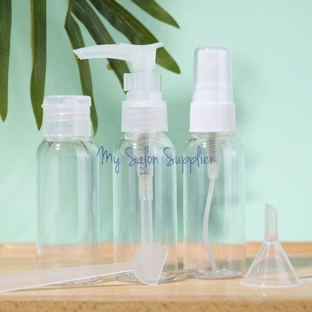 Travel Botol Set isi 5 YK070 PET Spray 50ml + Pump 50ml + Flip Top 40ml + Corong