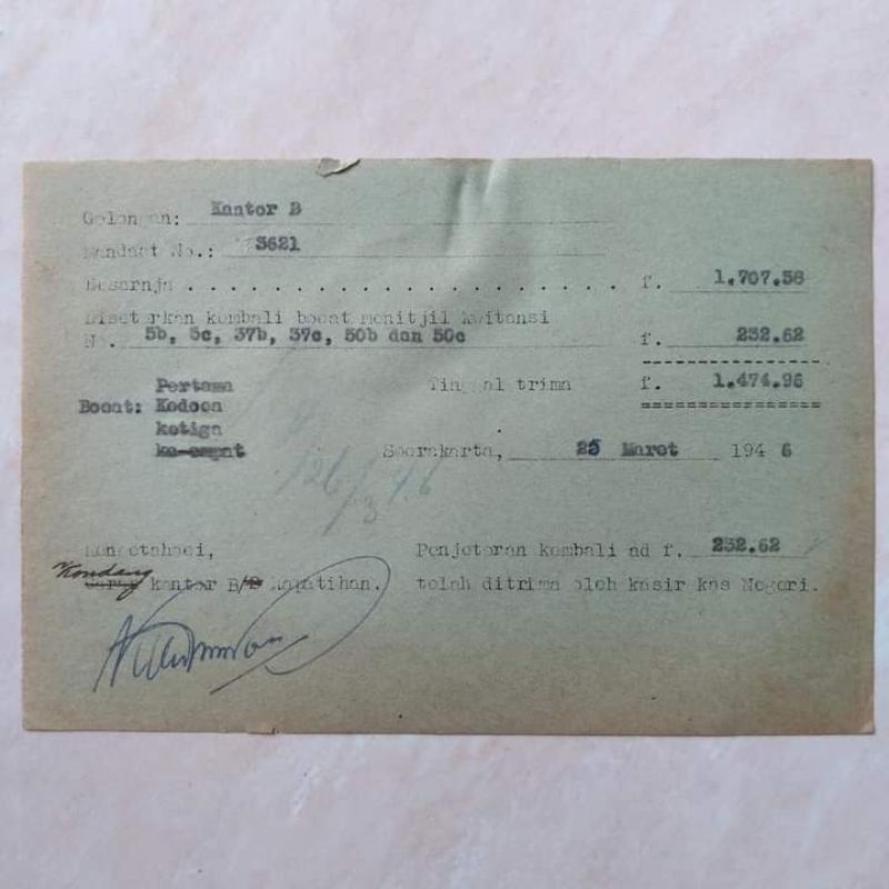 Dokumen Arsip Kuno Kecil Bukti Pengiriman Uang 25 Maret 1946