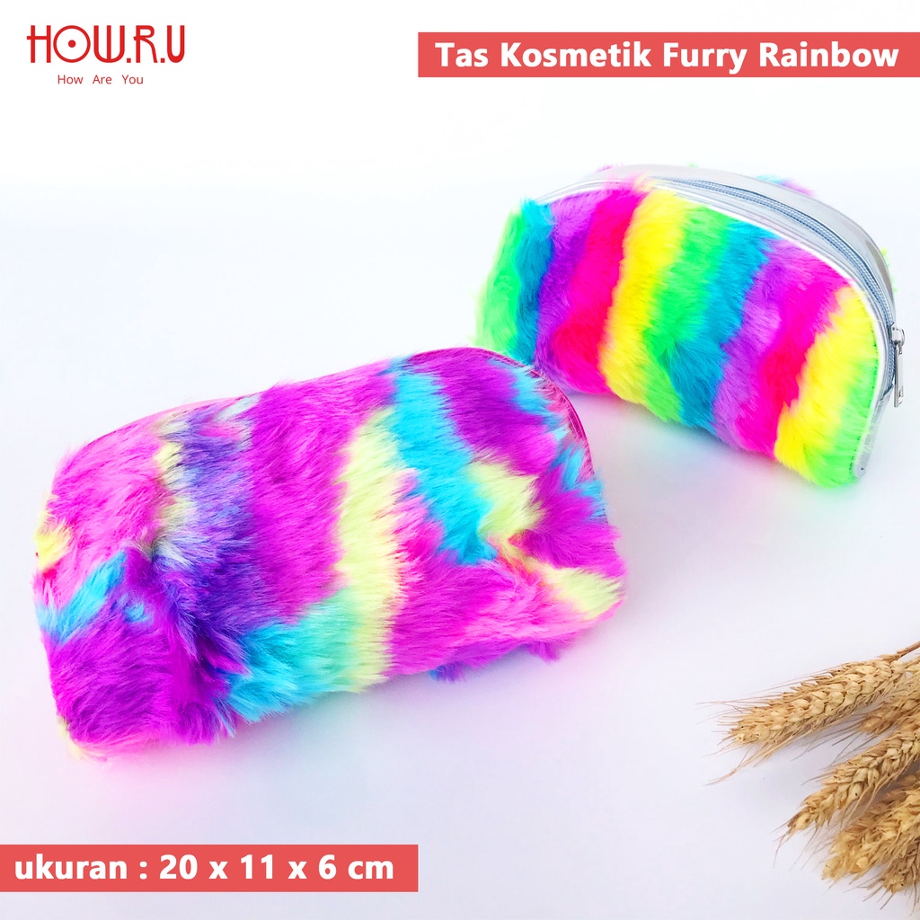 HOW.R.U | Pouch multifungsi Tempat Make Up / Alat Tulis / Dompet Bulu Lucu Rainbow