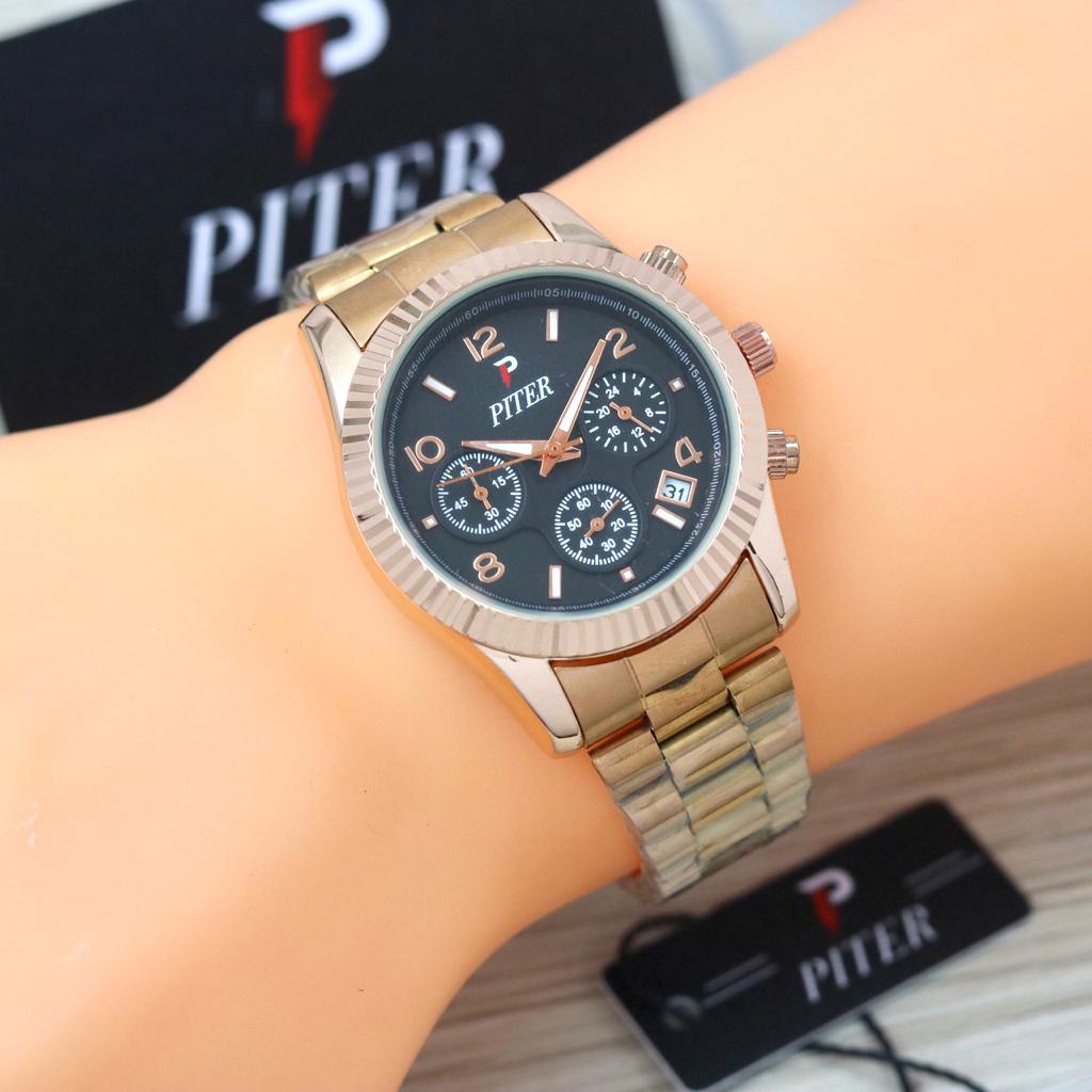 BEST SELLER JAM TANGAN PRIA PITER O130 TALI RANTAI CHRONO AKTIF TANGGAL AKTIF DM 3.8CM FREE BOX || JAM TANGAN PRIA TERBARU FASHION PRIA PITER