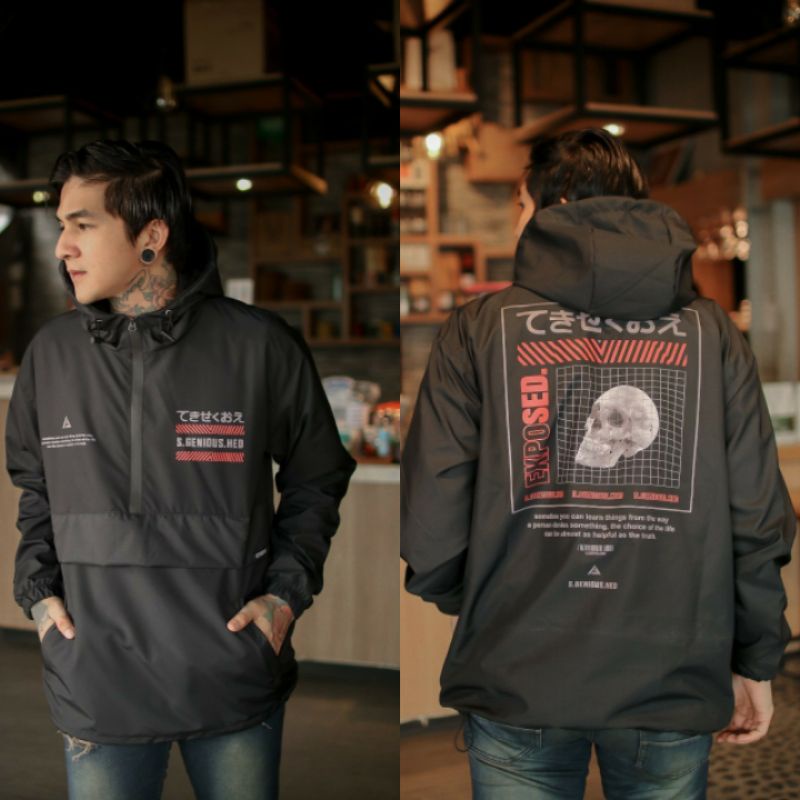 Jaket pria IKC 002 distro cbr Bandung hoodie dua sisi bolak balik keren grosir jaket cagoule erigo Jaket Pria Parasut Anti Air-CG WP Tengkorak