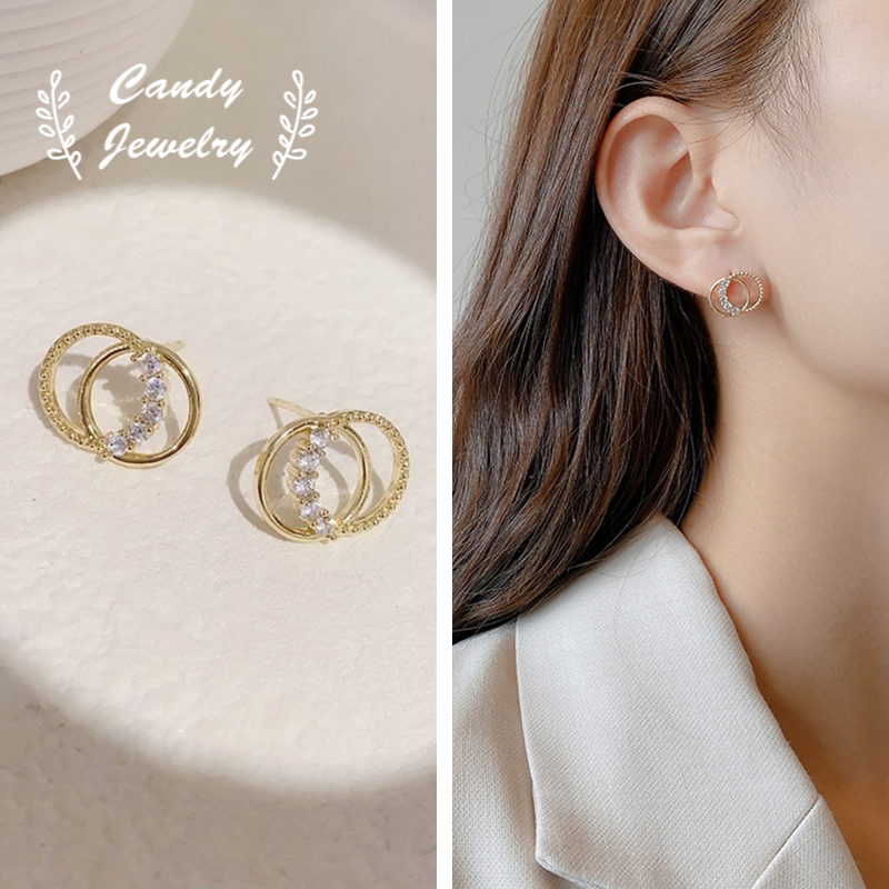 Anting Stud Desain Lingkaran Ganda Aksen Berlian Gaya Korea Untuk Wanita