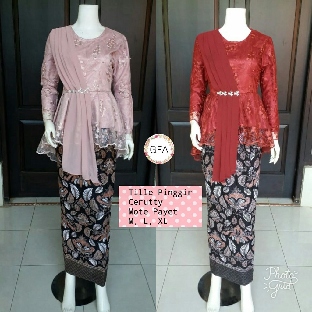 ⊙◎✸Pakaian Wanita Setetelan Rok & Blus Elagan Brokat Tille Selendang {Realpict}
