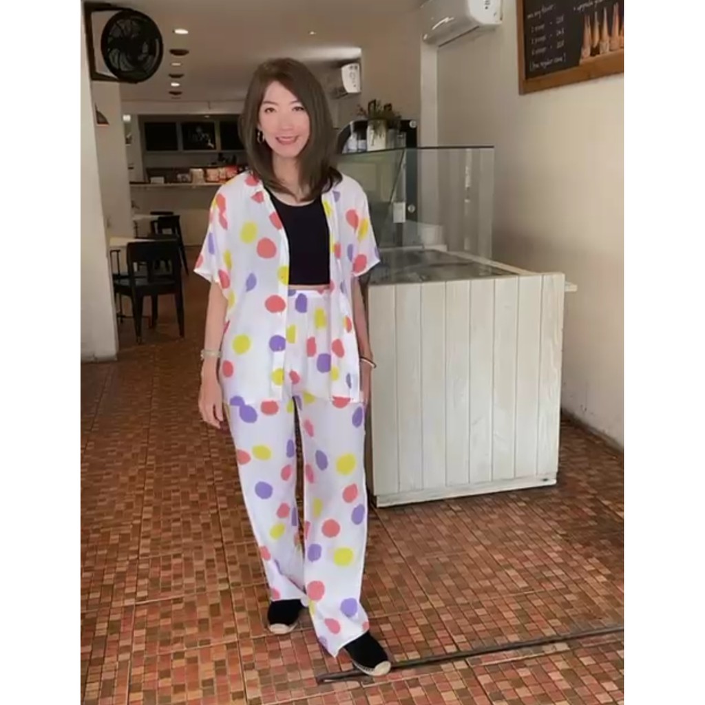SET BLOUSE LENGAN PENDEK DAN CELANA PANJANG KATUN RAYON Motif polkadot