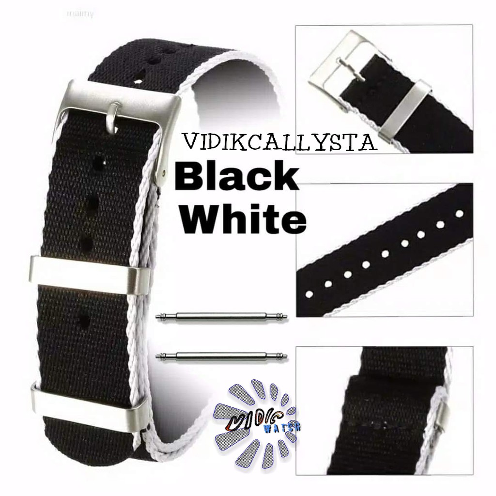 Nato Strap Seatbelt nylon Tali Jam Tangan Nato 20mm Black White