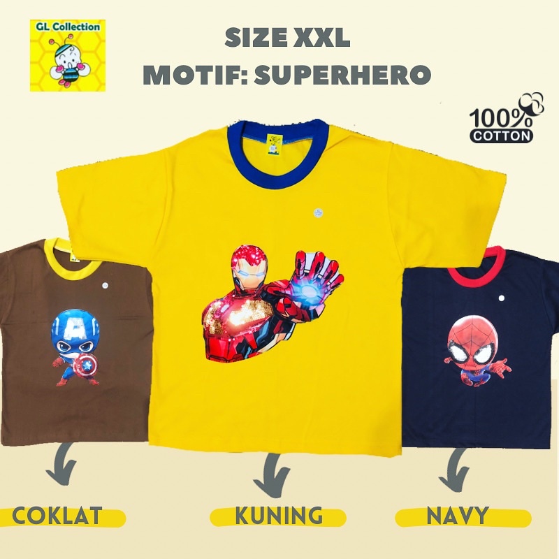 ECER ATASAN PENDEK KAOS OBLONG WARNA ANAK XXL (7-10tahun) SUPERHERO 100%KATUN