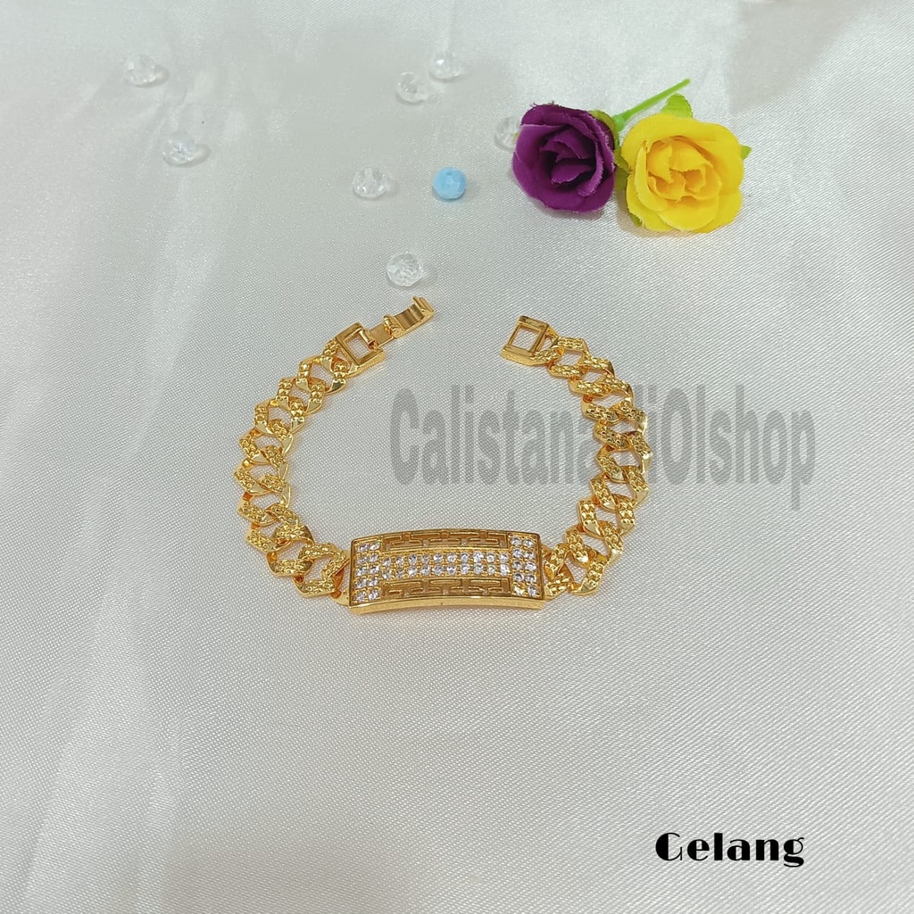 GELANG+CINCIN KOTAK PINGGIR PERMATA SUPEL ELEGAN PERHIASAN EMAS KOREA ANTI KARAT DAN ANTI LUNTUR