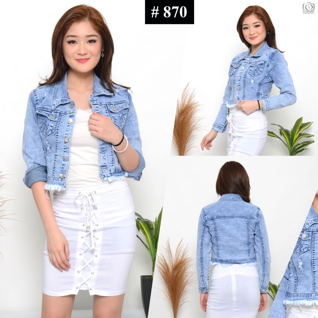 ( Bisa COD ) MC girl - Jaket Jeans Crop Sobek Rawis / Jacket Lepis Body Pendek Snowblue Rumbai / Jaket Denim Snow Blue