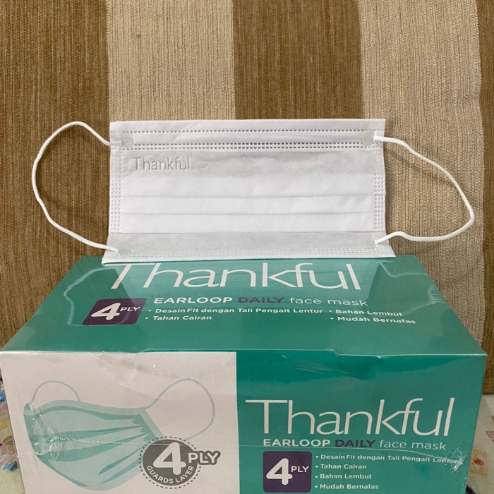 ✨COD✨ Masker Thankful 4ply Earloop isi 50 pcs - Putih, Earloop, Box isi 50