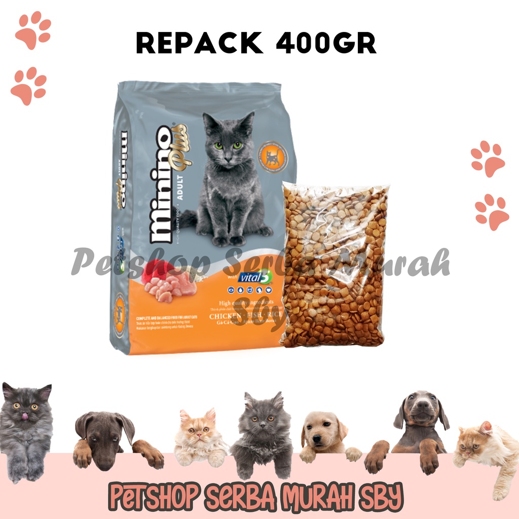 Minino Plus Adult Chicken Fish Rice Repack 400gr - Makanan Kering Kucing Dewasa