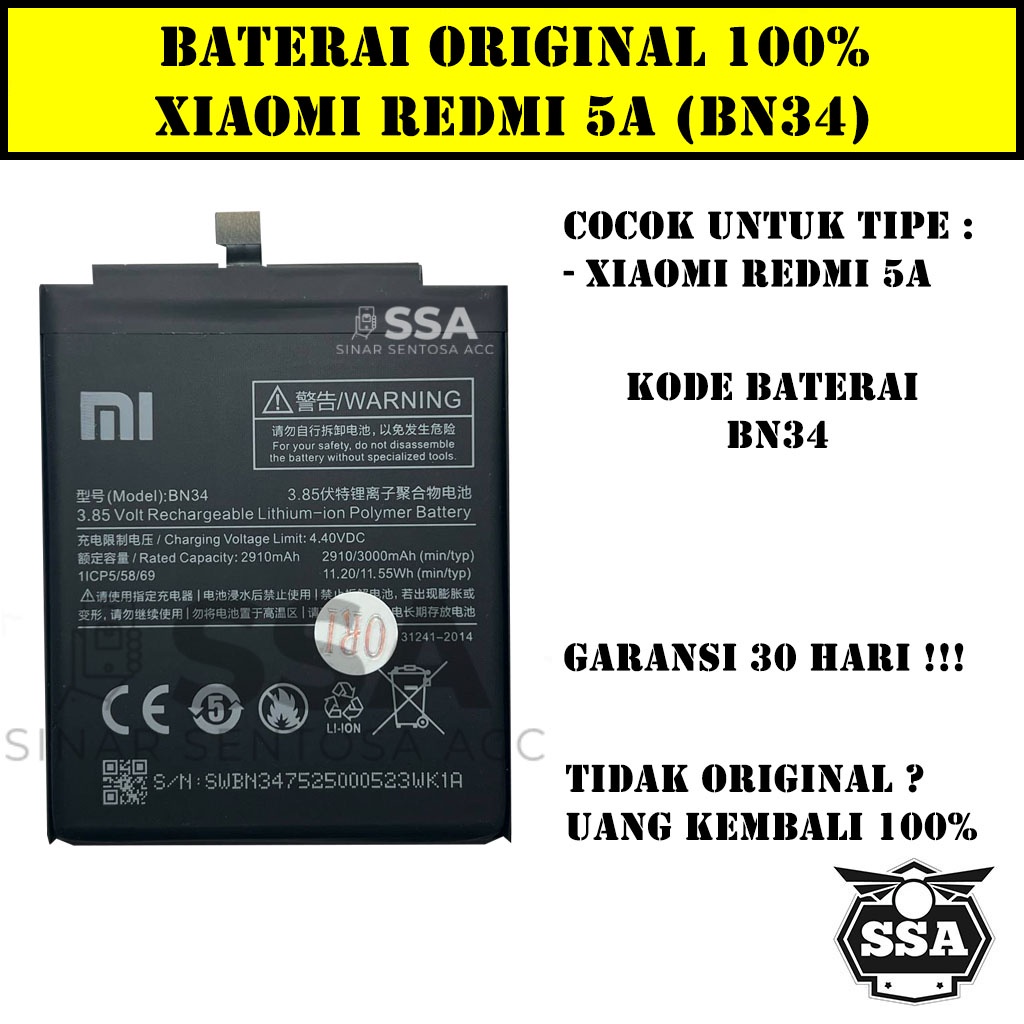 Baterai Original 100% Xiaomi Redmi 5A BN34 BN 34 Batu Batre Batrai Xiao Mi 5 A Garansi Awet HP ORI