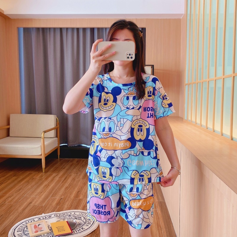 ✨WINGALERY✨ Pakaian Wanita Baju Tidur Piyama Lengan Pendek Import Motif Kartun Fit to XXL 4019-2-MICKEY BLUE