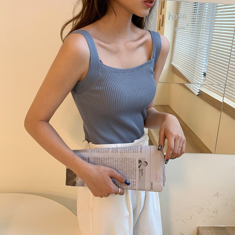 Feminin Tank Top Wanita Pakaian Atasan Tanktop Cewek Korea Rajut Square Neck Inner Wear-7