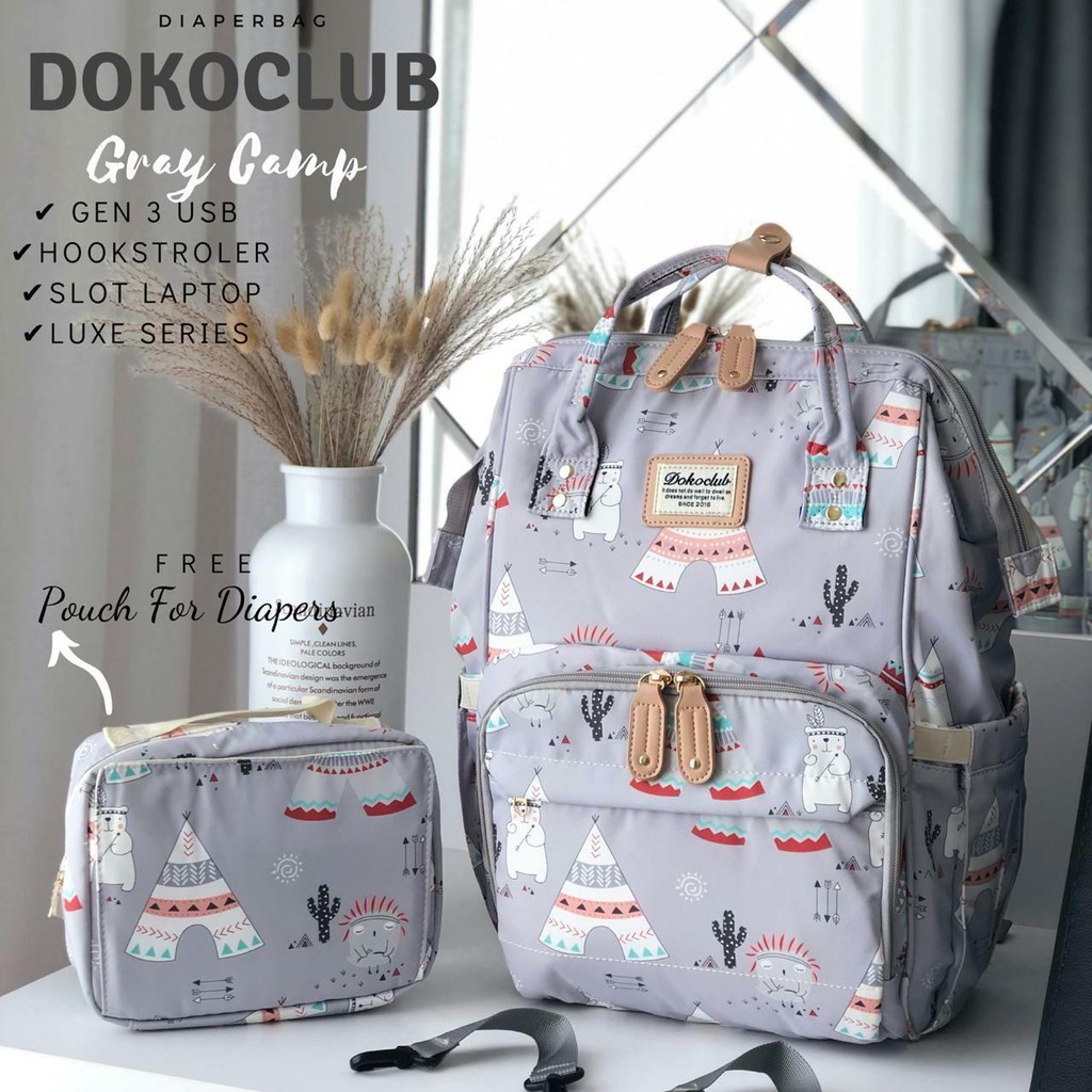 Dokoclub Diaper Bag | Tas Bayi Ransel Dokoclub | Dokoclub 2IN1 Diaper Bag Grey Camp FREE POUCH SBSKE