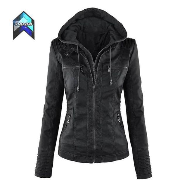 Jaket kulit sintetis wanita / jaket semi kulit hoodie / jaket murah /  fashion wanita-Hitam