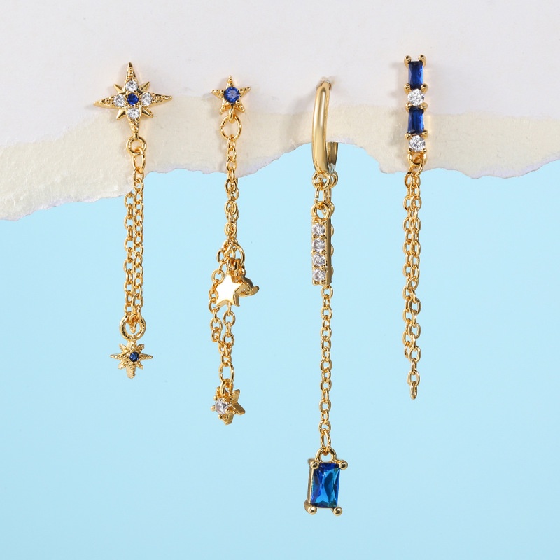 4pcs/set Biru Tua Kubik CZ Gaya Punk Panjang Rumbai Telinga Stud Temperamen Perempuan Tindik Telinga Elemen Bintang Anting Hadiah