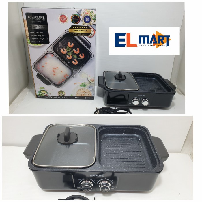 Idealife Electric Grill Steam Boat Grill Shabu IL116D 116D Alat Pemanggang dan Hot Pot 2in1